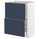 This image the METOD kitchen cabinet in white with blue axstad drawers. It has a rectangular shape with two drawers.