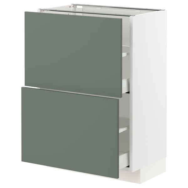 A modern kitchen cabinet in grey-green with two drawers and a door.
