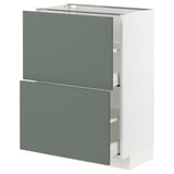 A modern kitchen cabinet in grey-green with two drawers and a door.