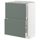 A modern kitchen cabinet in grey-green with two drawers and a door.