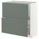 IKEA METOD kitchen cabinet with grey-green drawers and white frame, modern and sleek design.
