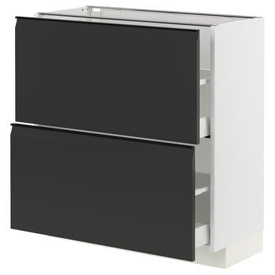 Modern black kitchen cabinet with sleek handles, featuring two large drawers and a spacious top, part of ikeas METOD series.