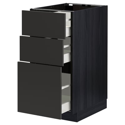 METOD black kitchen unit. Three open drawers, sleek matt finish. Sturdy, modern design.