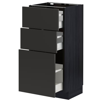 An ikea METOD kitchen unit in black with three open drawers. It has a modern, sleek design and is made of particleboard and steel.