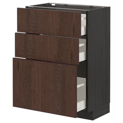 Dark brown METOD kitchen unit with wooden drawers.