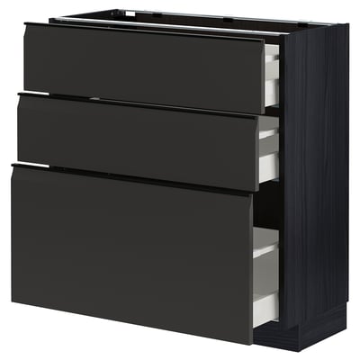Modern black kitchen unit with three drawers, sleek design, dark wood finish.
