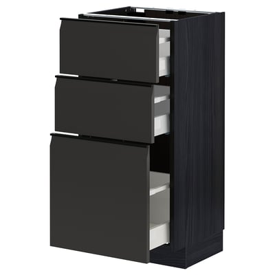 METOD kitchen unit, black, three drawers, sleek modern design, dark wood grain, integrated handles.