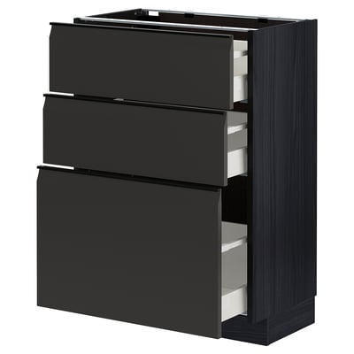 Black modern kitchen cabinet with three open drawers, sleek design, metallic drawer fronts.