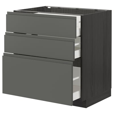 METOD kitchen unit, dark grey, wood texture, rectangular, three drawers, modern design.
