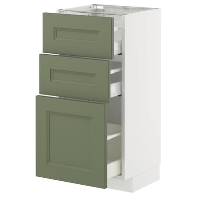 METOD kitchen unit with 3 olive green drawers, sleek & modern design, white frame, 25-year warranty.
