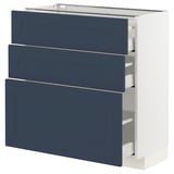 A blue METOD kitchen unit with three drawers and a cabinet in a modern design.
