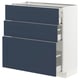 A blue METOD kitchen unit with three drawers and a cabinet in a modern design.