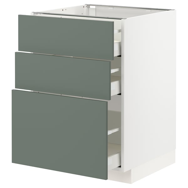 IKEA METOD kitchen unit with 3 grey-green drawers, modern design.