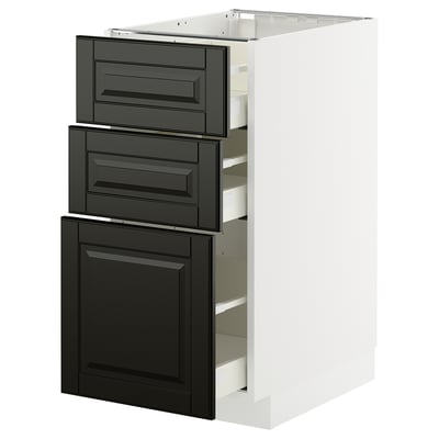 Black beveled edge drawers and cabinet in white METOD kitchen system.