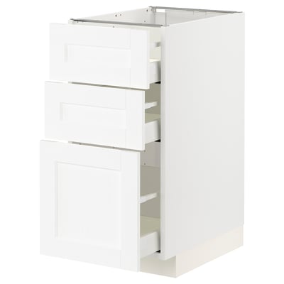 METOD kitchen unit in white with three open drawers, classic design.