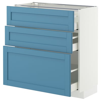 Blue kitchen cabinet with three drawers. White frame and sleek design. Sturdy and smooth drawer feature.