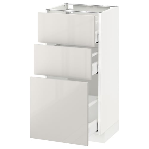 White METOD kitchen cabinet with 3 drawers, sleek modern design, gloss finish.