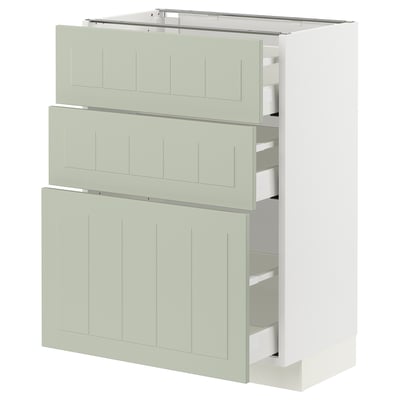 An ikea METOD kitchen unit with three green drawers and white frame, designed for spacious storage.
