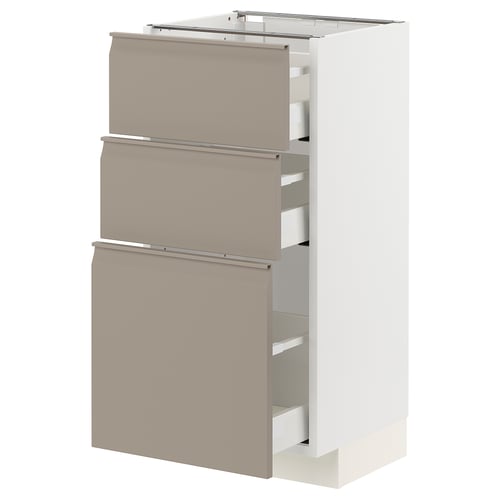 Modern kitchen cabinet, white with beige drawers, sleek handles, vertical layout.
