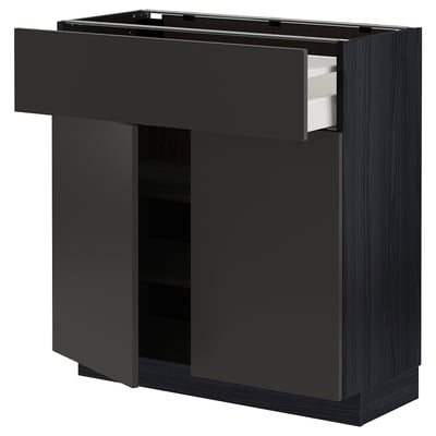 Modern black kitchen cabinet with open drawer and shelves. Sleek design with sturdy frame and smooth drawer.