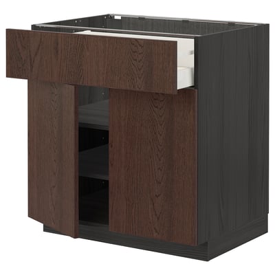 Dark brown modern kitchen cabinet with multiple shelves and drawer, featuring a medium wood grain pattern.