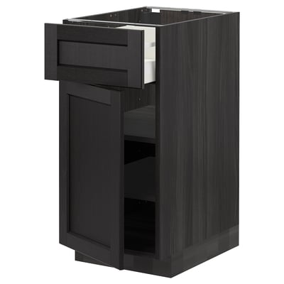 Modern black kitchen cabinet with beveled edges, featuring a smooth drawer and adjustable shelves.