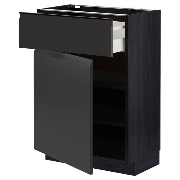 Modern black kitchen cabinet with a single drawer and open shelf storage, featuring sleek design and sturdy materials.