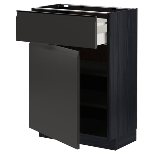 Modern black kitchen cabinet with a single drawer and open shelf storage, featuring sleek design and sturdy materials.