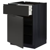 Modern black kitchen cabinet with open drawer, sleek design.