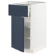 Modern kitchen cabinet, white & blue, plastic & wood, rectangular, with open drawer & shelf.