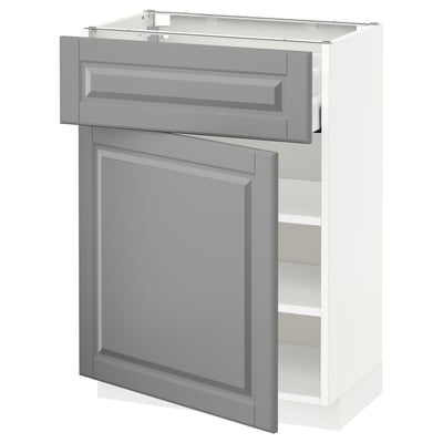 A white and grey METOD kitchen cabinet with a drawer and shelves. The drawer and door are grey with beveled edges.