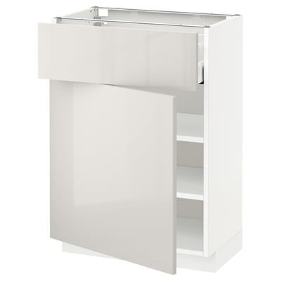 Modern white kitchen cabinet with high gloss, medium drawer, adjustable shelves.