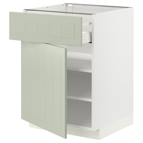 Light green METOD kitchen cabinet with drawer and shelves, featuring smooth-running drawers, adjustable shelves, and a 25-year guarantee.
