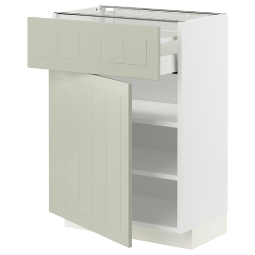 METOD kitchen unit in green with drawer and shelves. White and green, rectangular with paneled design.