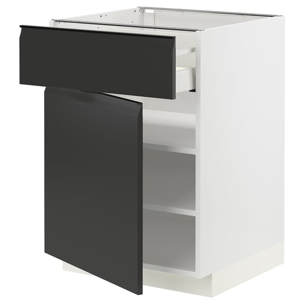 Modern white kitchen cabinet with black matte drawer and door, featuring a sleek handle and adjustable shelves.