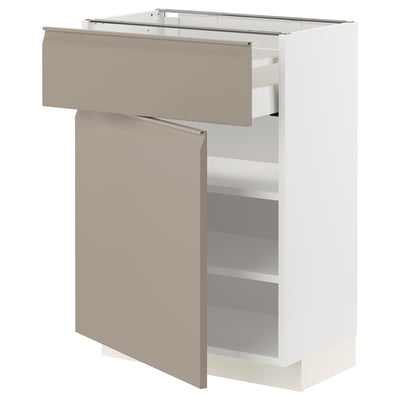 Modern kitchen unit with light grey-beige doors, smooth drawer, and adjustable shelves, part of the METOD system.
