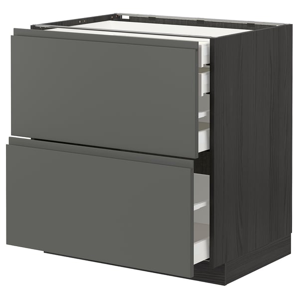 Dark grey modern kitchen cabinet with three drawers.