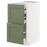 METOD gray-green kitchen cabinet with open drawers, modern traditional design.