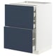 Modern kitchen unit: METOD with white body, blue drawers, smooth edges, two open drawers, vertical handles.