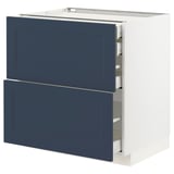 White and blue kitchen unit with pull-out drawers.