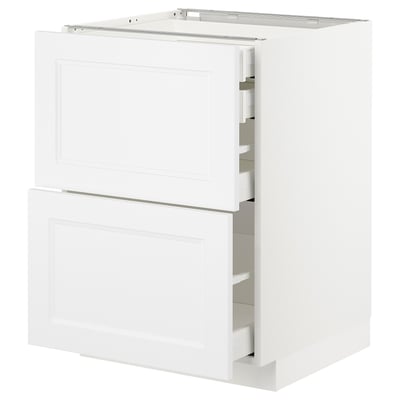 White METOD kitchen cabinet with three open drawers, modern design, made of particleboard and fiberboard.