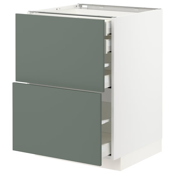 Modern kitchen unit with grey-green drawers and white base, sleek and functional design.