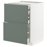 Modern kitchen unit with grey-green drawers and white base, sleek and functional design.