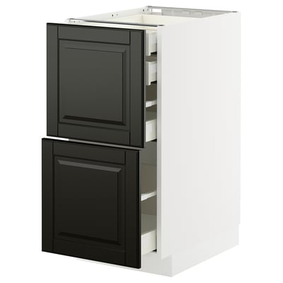 METOD kitchen cabinet with black bodbyn doors, white body, featuring three drawers for storage.