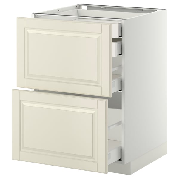 An off-white METOD base cabinet with two drawers. It has a traditional design with beveled edges and smooth-running drawers.