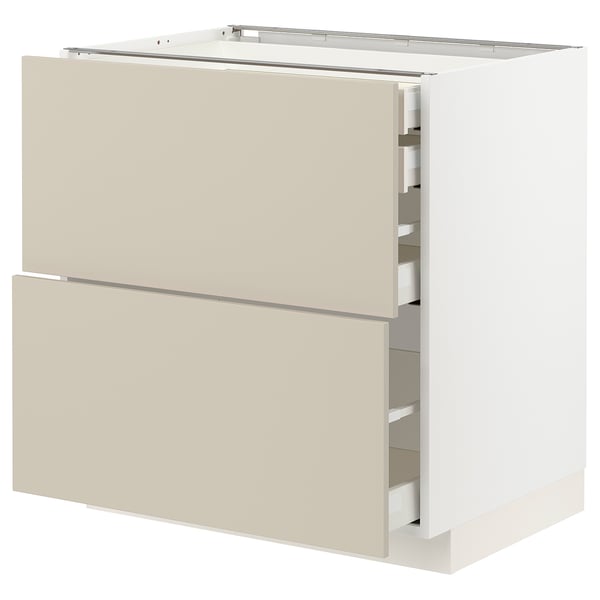 White METOD kitchen cabinet, beige drawers, modern, soft-close.