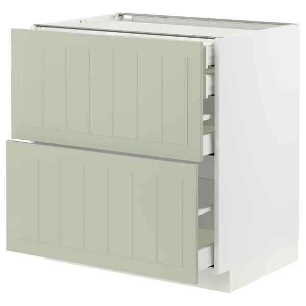 A light green METOD kitchen cabinet with three drawers in a modern design.