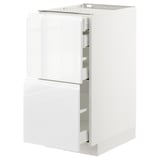 White glossy kitchen cabinet, rectangular, modern design with three drawers, sleek handles.