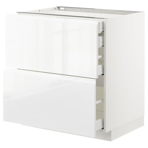 White METOD kitchen cabinet with three drawers, sleek modern design.