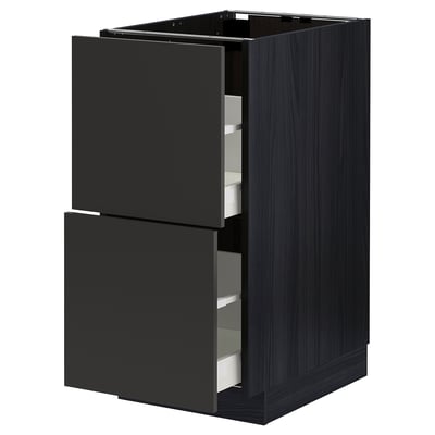 Modern black kitchen unit with two open drawers, sleek design, and sturdy construction.